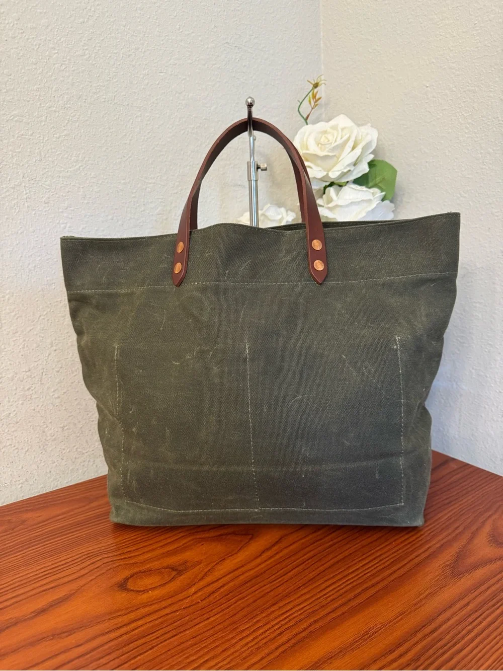Hardmill Olive Green Waxed Canvas Duffel Tote with Brown Leather Handles